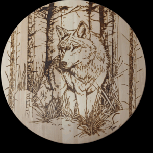 Loup pyrogravé sur peuplier massif