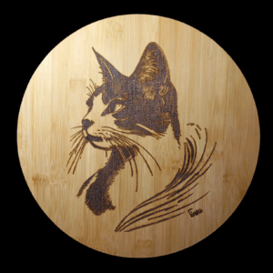 Plateau tournant pyrogravé Chat noir et blanc