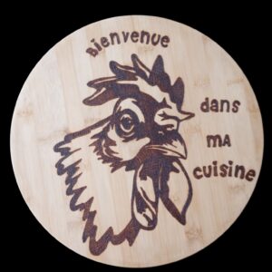 Plateau tournant pyrogravé coq