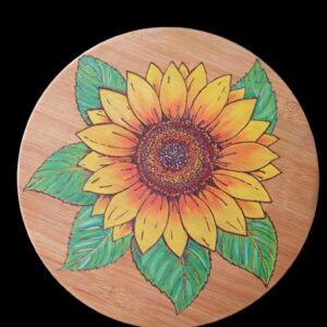 Plateau tournant pyrogravé tournesol